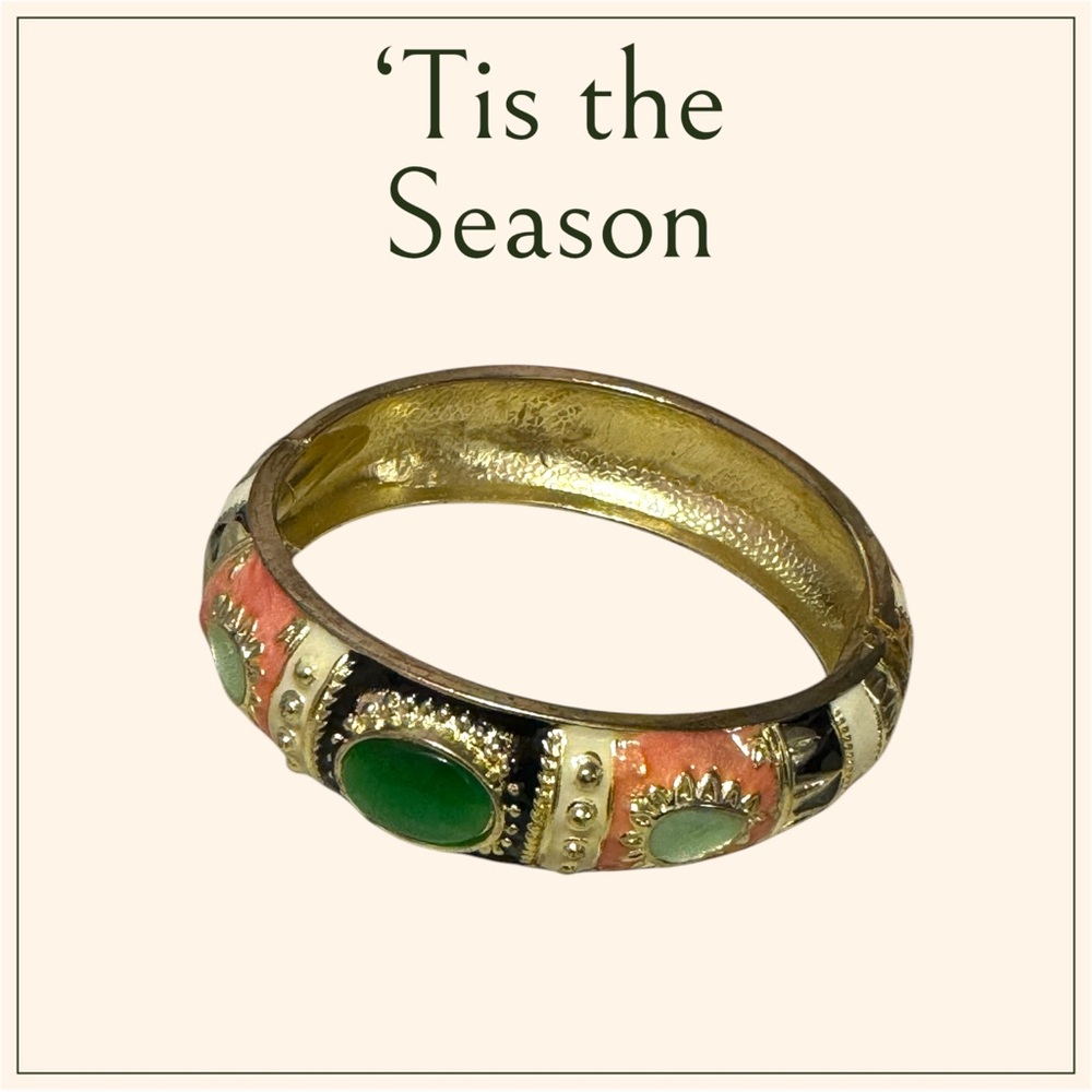 NWOT Gold and Enamel Hinged Bangle Bracelet.... Boho Design and‎ Gemstones